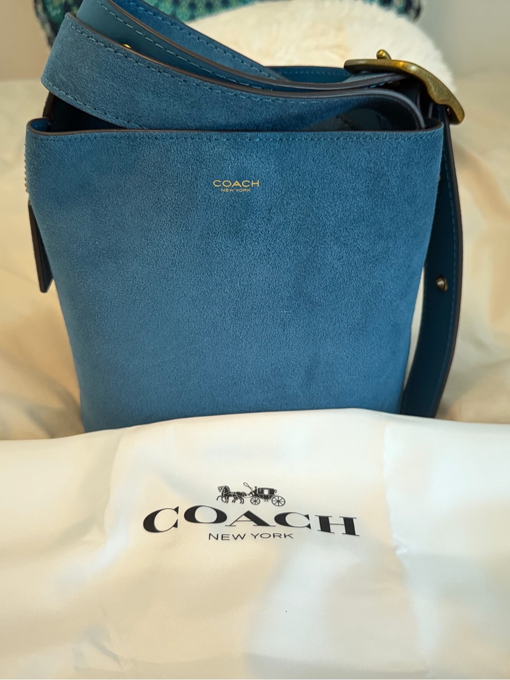 Brand New Coach Blue Suede Crossbody Bleeker Bucket Bag